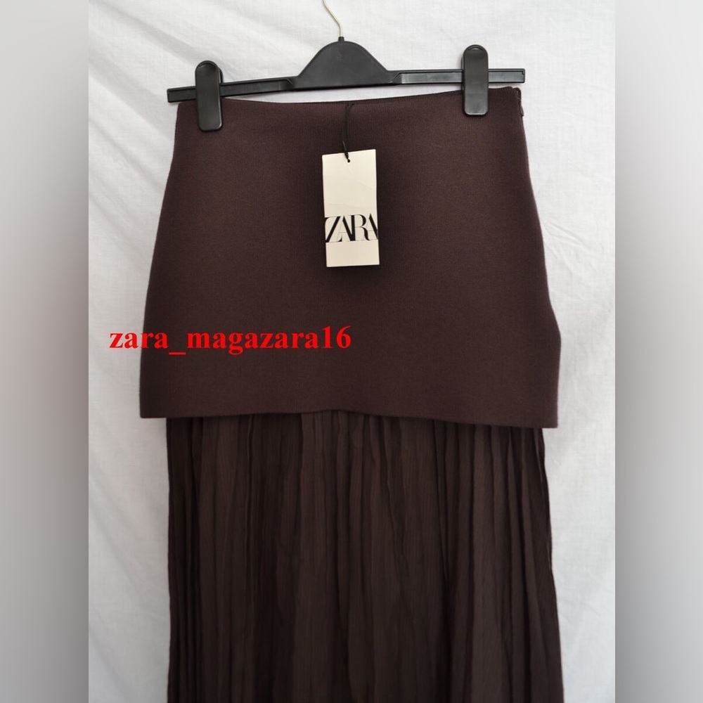 Zara NWT dark brown mixed combination midi pleated contrasting skirt - Picture 13 of 15